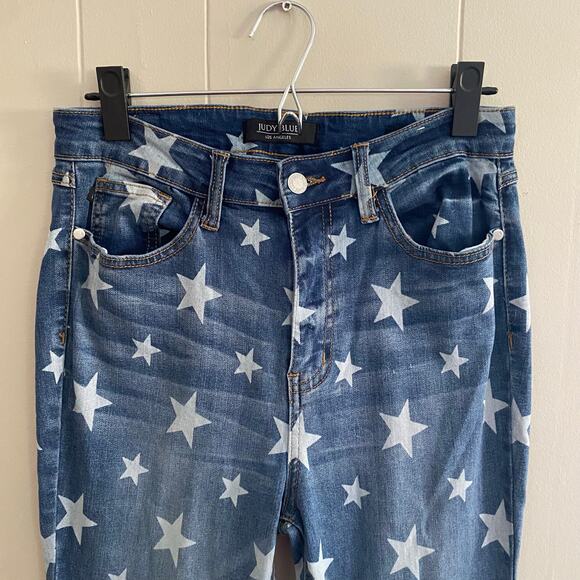Judy Blue Women's size 9 / 29 Super Flare Star Print Jeans High‎ Rise Frayed - Picture 3 of 11